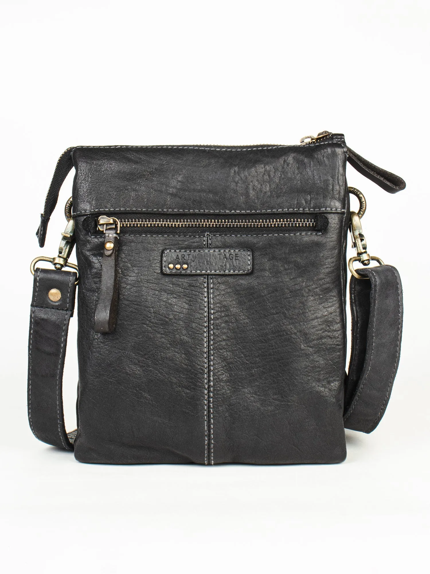 Black Washed Veg Tan Leather Multiple Compartment Crossbody