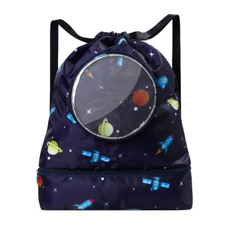 Blue Waterproof Drawstring Beach Bag L Size For Kids Wet & Dry Separation Shoulder Strap