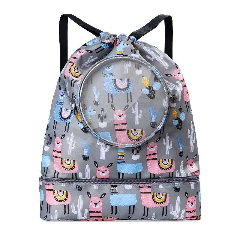 Blue Waterproof Drawstring Beach Bag L Size For Kids Wet & Dry Separation Shoulder Strap