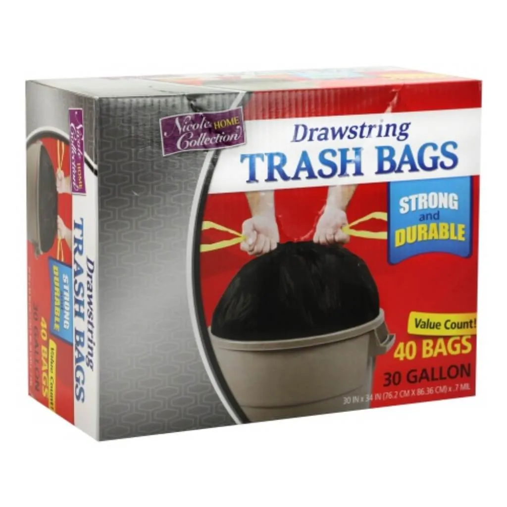 Drawstring Trash Bags Black 40 Count 30 Gallon