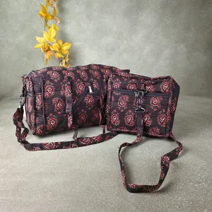 Expandable Travel Bag Black Colour with Red Mango Flower Printed Design.