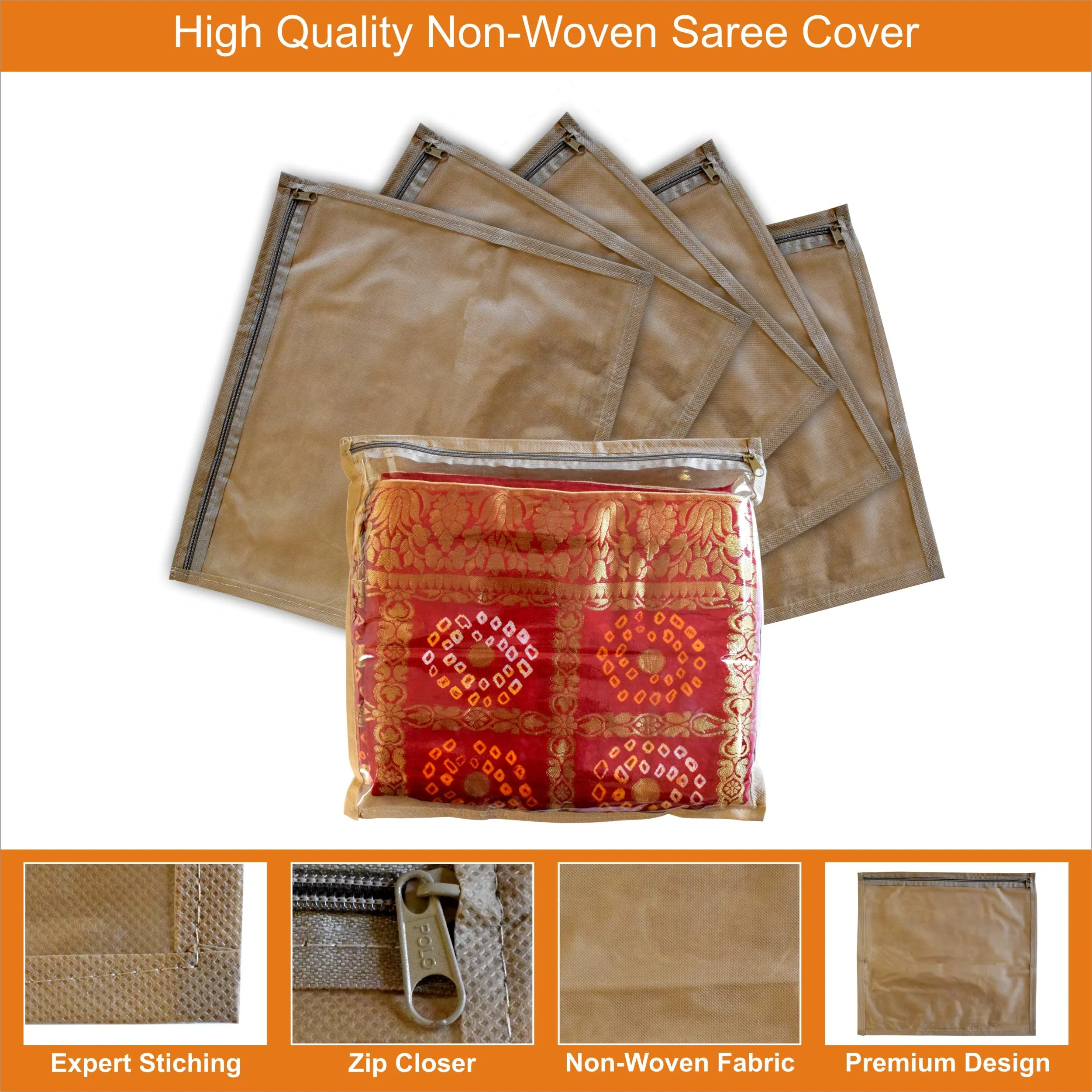 Homestic Foldable Single saree covers with Zip|Saree Storage Bags|Clothes Organiser for wardrobe Set of 12|Transparent Top With Premium Zipper|Beige|