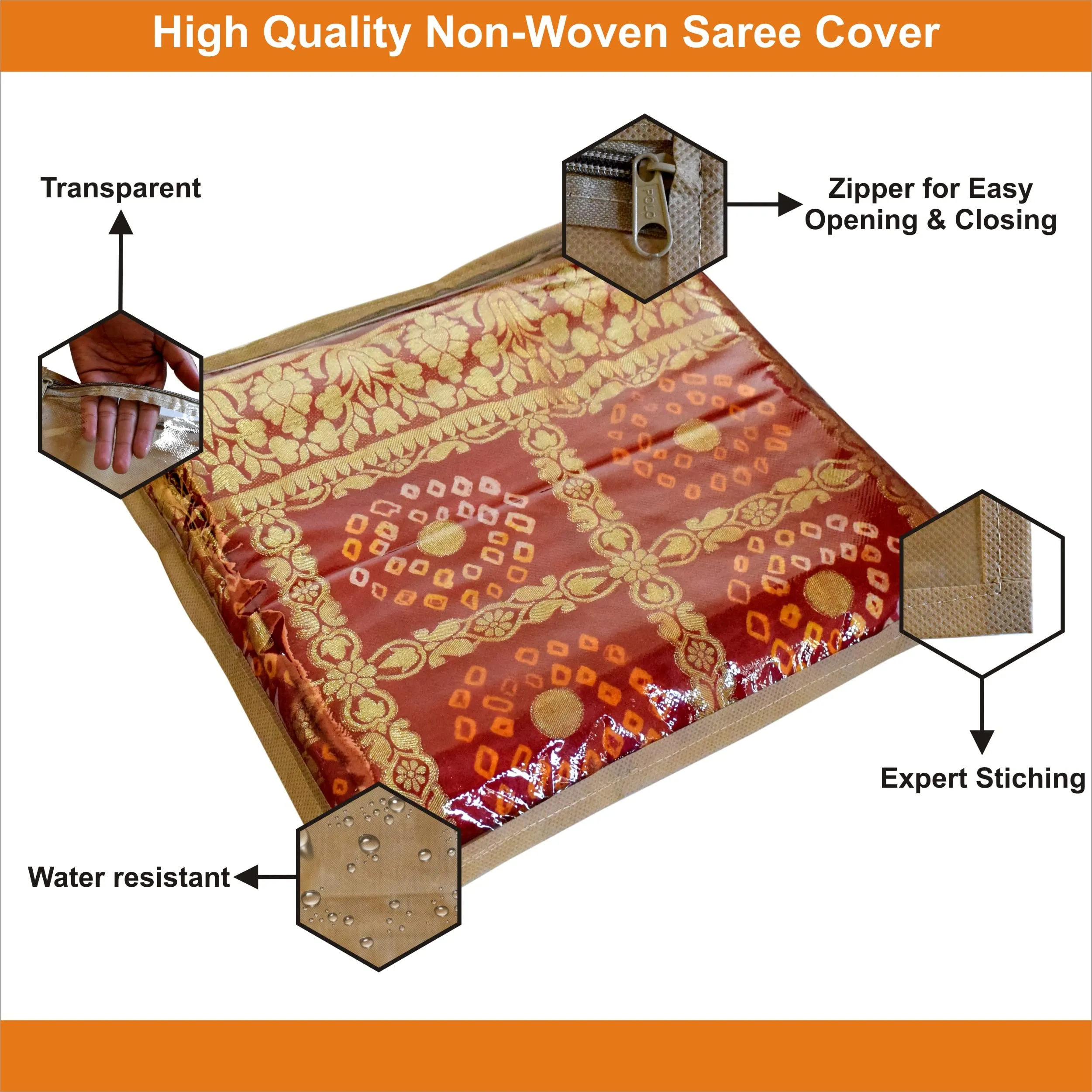 Homestic Foldable Single saree covers with Zip|Saree Storage Bags|Clothes Organiser for wardrobe Set of 12|Transparent Top With Premium Zipper|Beige|