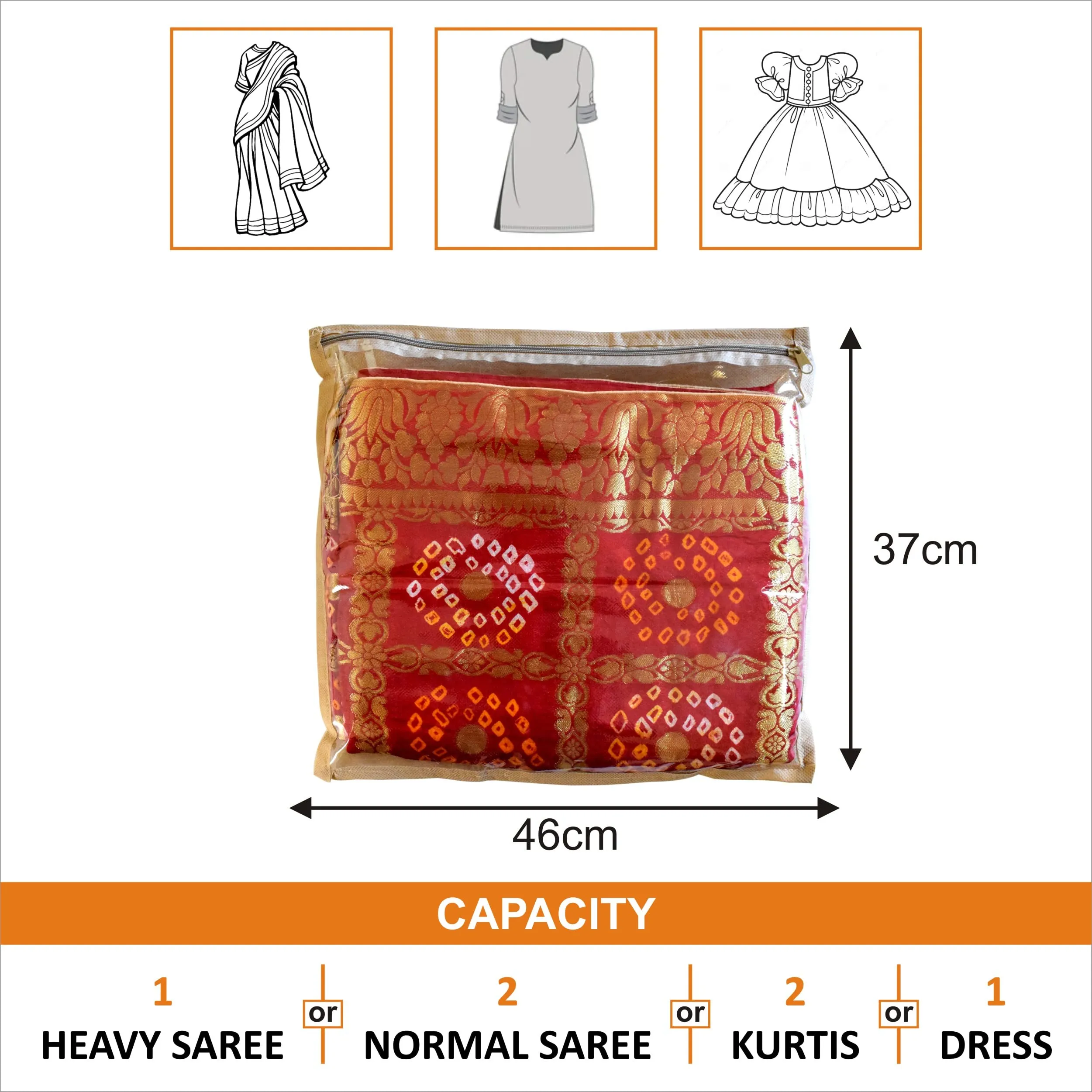 Homestic Foldable Single saree covers with Zip|Saree Storage Bags|Clothes Organiser for wardrobe Set of 12|Transparent Top With Premium Zipper|Beige|
