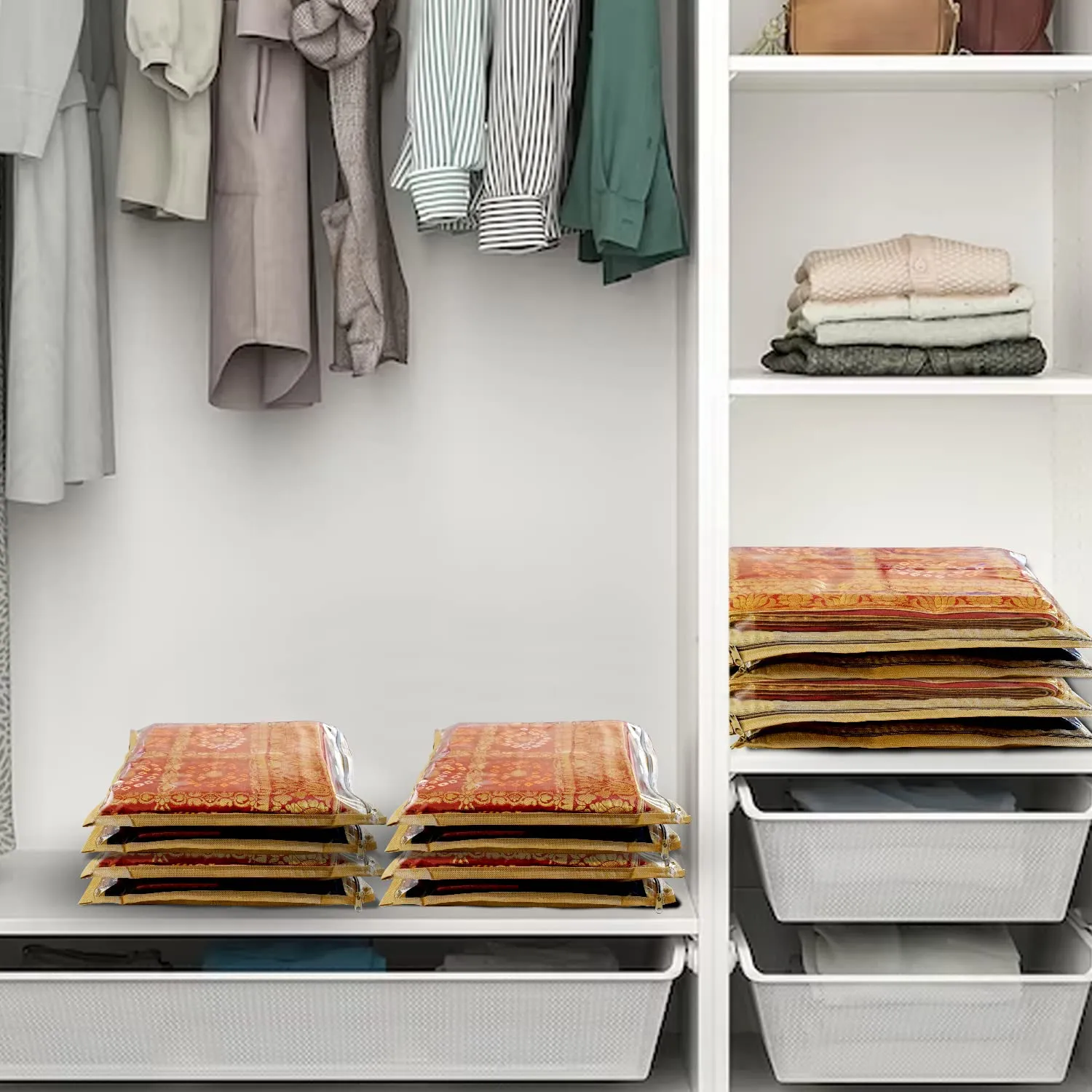 Homestic Foldable Single saree covers with Zip|Saree Storage Bags|Clothes Organiser for wardrobe Set of 12|Transparent Top With Premium Zipper|Beige|