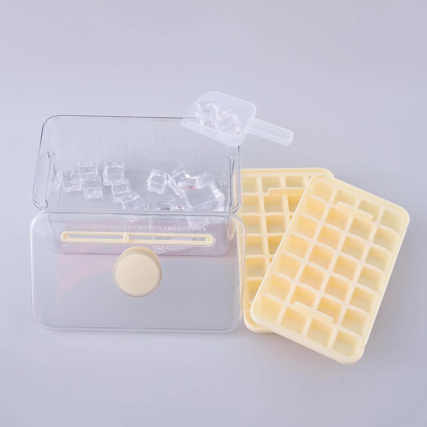 Kuber Industries Pack of 5| 2 Layer Ice Cube Tray with Lid | Ice Cube Storage Box with Ice Scoop | 56 Ice Cube Molds for Freezing | One-Press Demolding | BPA Free | Beige