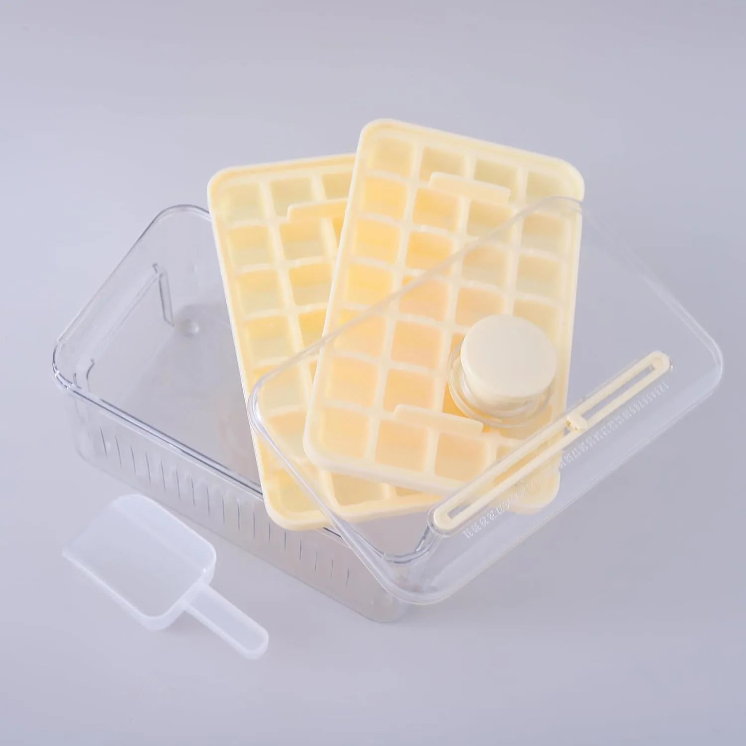 Kuber Industries Pack of 5| 2 Layer Ice Cube Tray with Lid | Ice Cube Storage Box with Ice Scoop | 56 Ice Cube Molds for Freezing | One-Press Demolding | BPA Free | Beige