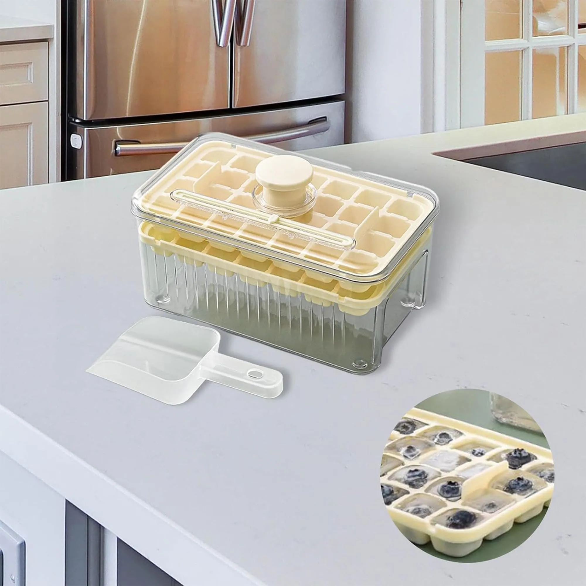 Kuber Industries Pack of 5| 2 Layer Ice Cube Tray with Lid | Ice Cube Storage Box with Ice Scoop | 56 Ice Cube Molds for Freezing | One-Press Demolding | BPA Free | Beige