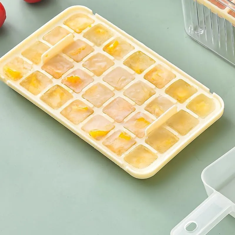 Kuber Industries Pack of 5| 2 Layer Ice Cube Tray with Lid | Ice Cube Storage Box with Ice Scoop | 56 Ice Cube Molds for Freezing | One-Press Demolding | BPA Free | Beige