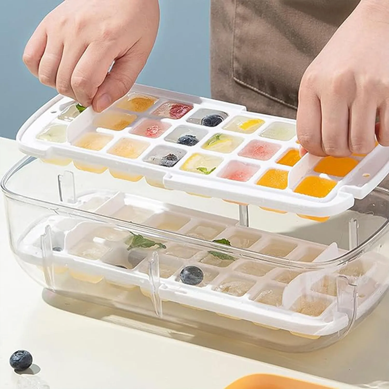 Kuber Industries Pack of 5 Ice Cube Tray with Lid | Ice Cube Storage Box with Ice Scoop | 24 Ice Cube Molds for Freezing | One-Press Demolding | BPA Free | Blue