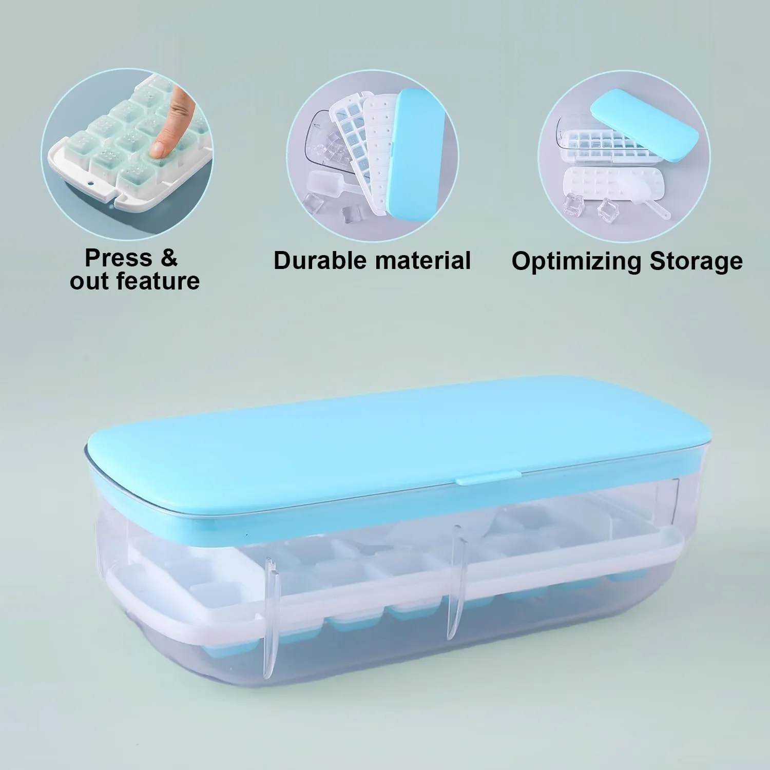 Kuber Industries Pack of 5 Ice Cube Tray with Lid | Ice Cube Storage Box with Ice Scoop | 24 Ice Cube Molds for Freezing | One-Press Demolding | BPA Free | Blue