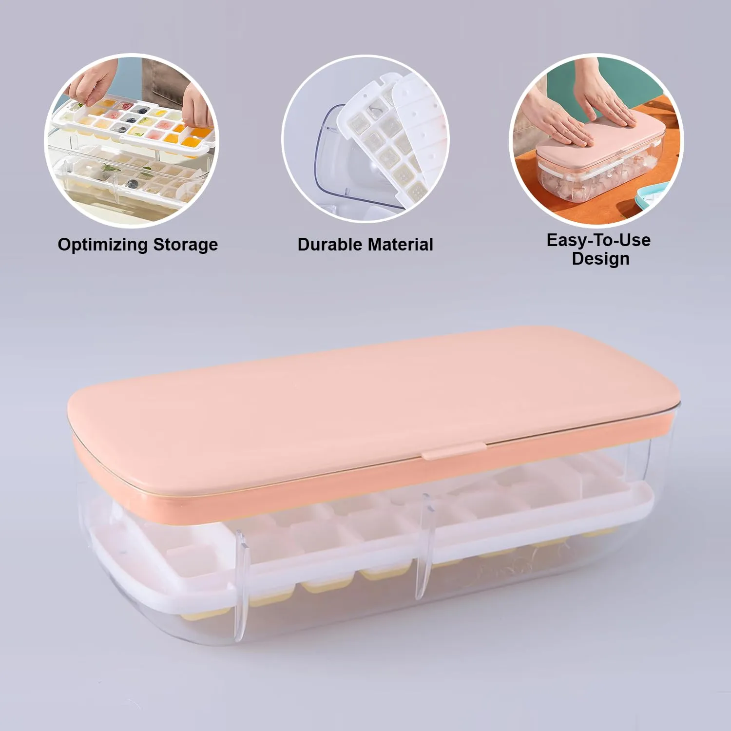 Kuber Industries Pack of 5 Ice Cube Tray with Lid | Ice Cube Storage Box with Ice Scoop | 24 Ice Cube Molds for Freezing | One-Press Demolding | BPA Free | Pink
