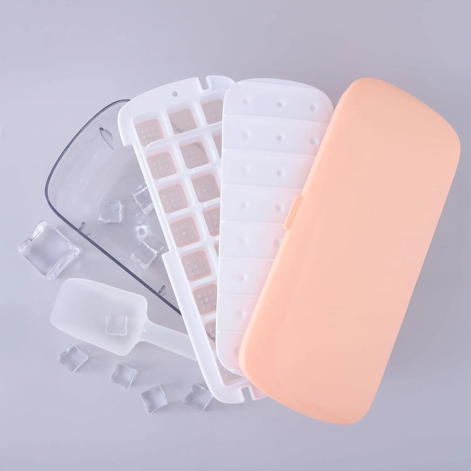 Kuber Industries Pack of 5 Ice Cube Tray with Lid | Ice Cube Storage Box with Ice Scoop | 24 Ice Cube Molds for Freezing | One-Press Demolding | BPA Free | Pink