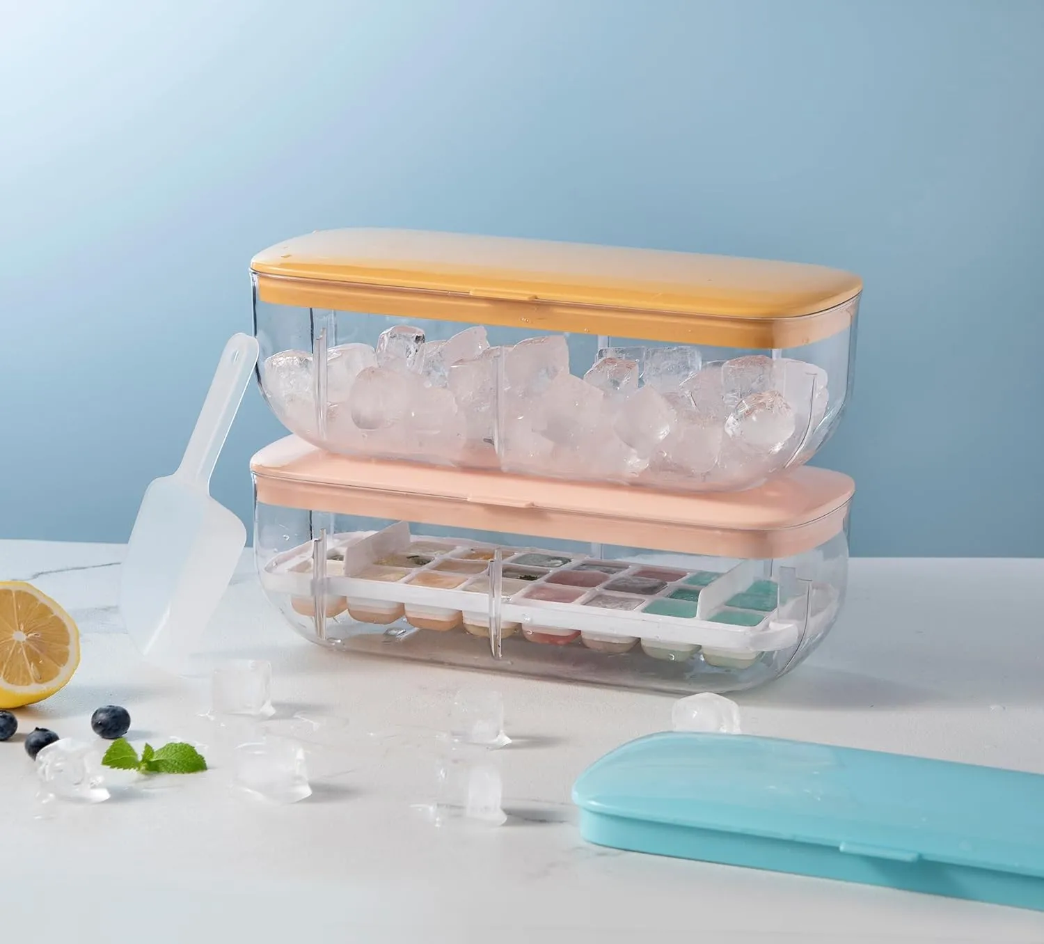 Kuber Industries Pack of 5 Ice Cube Tray with Lid | Ice Cube Storage Box with Ice Scoop | 24 Ice Cube Molds for Freezing | One-Press Demolding | BPA Free | Pink