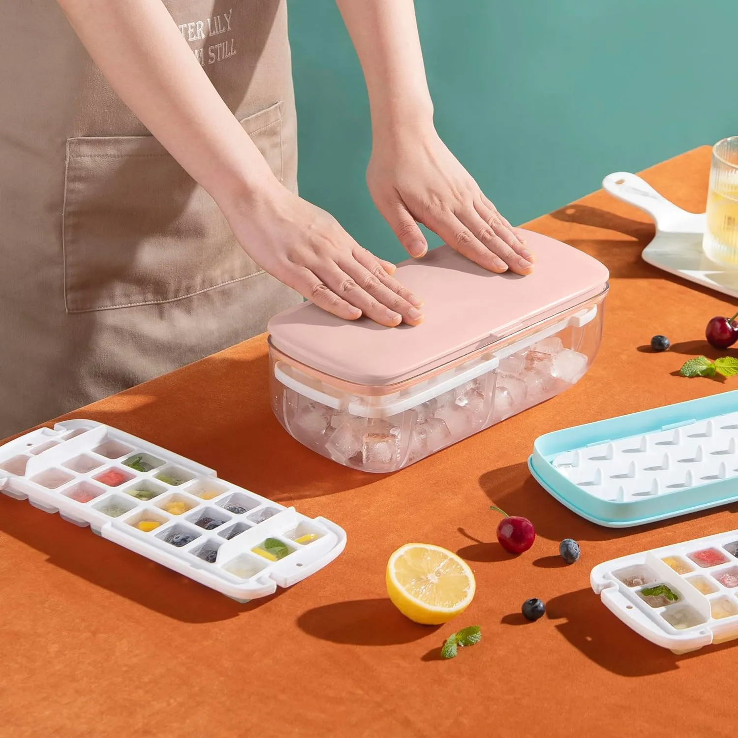 Kuber Industries Pack of 5 Ice Cube Tray with Lid | Ice Cube Storage Box with Ice Scoop | 24 Ice Cube Molds for Freezing | One-Press Demolding | BPA Free | Pink