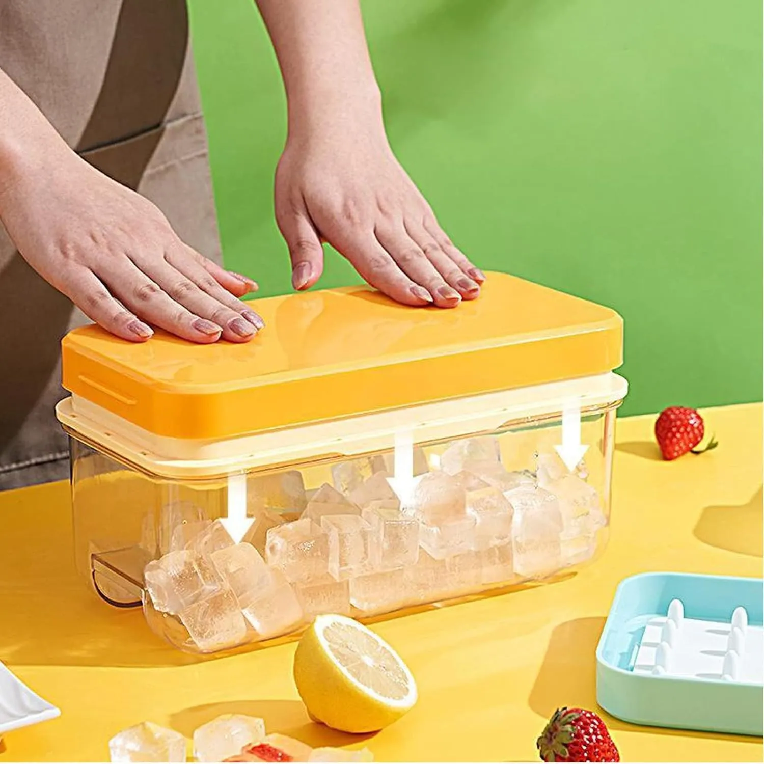 Kuber Industries Pack of 5|2 Layer Ice Cube Tray with Lid | Ice Cube Storage Box with Ice Scoop | 56 Ice Cube Molds for Freezing | One-Press Demolding | BPA Free | Orange