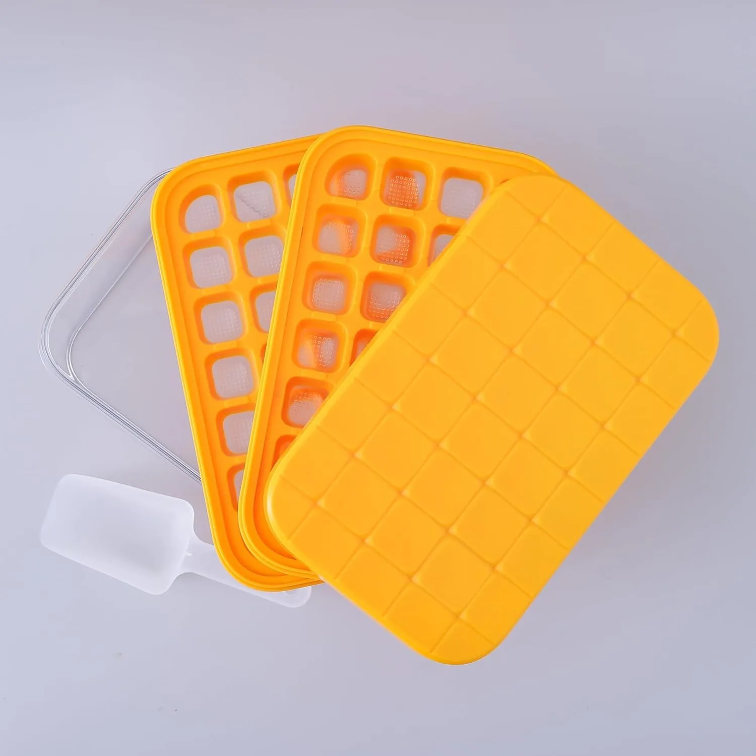 Kuber Industries Pack of 5|2 Layer Ice Cube Tray with Lid | Ice Cube Storage Box with Ice Scoop | 56 Ice Cube Molds for Freezing | One-Press Demolding | BPA Free | Orange