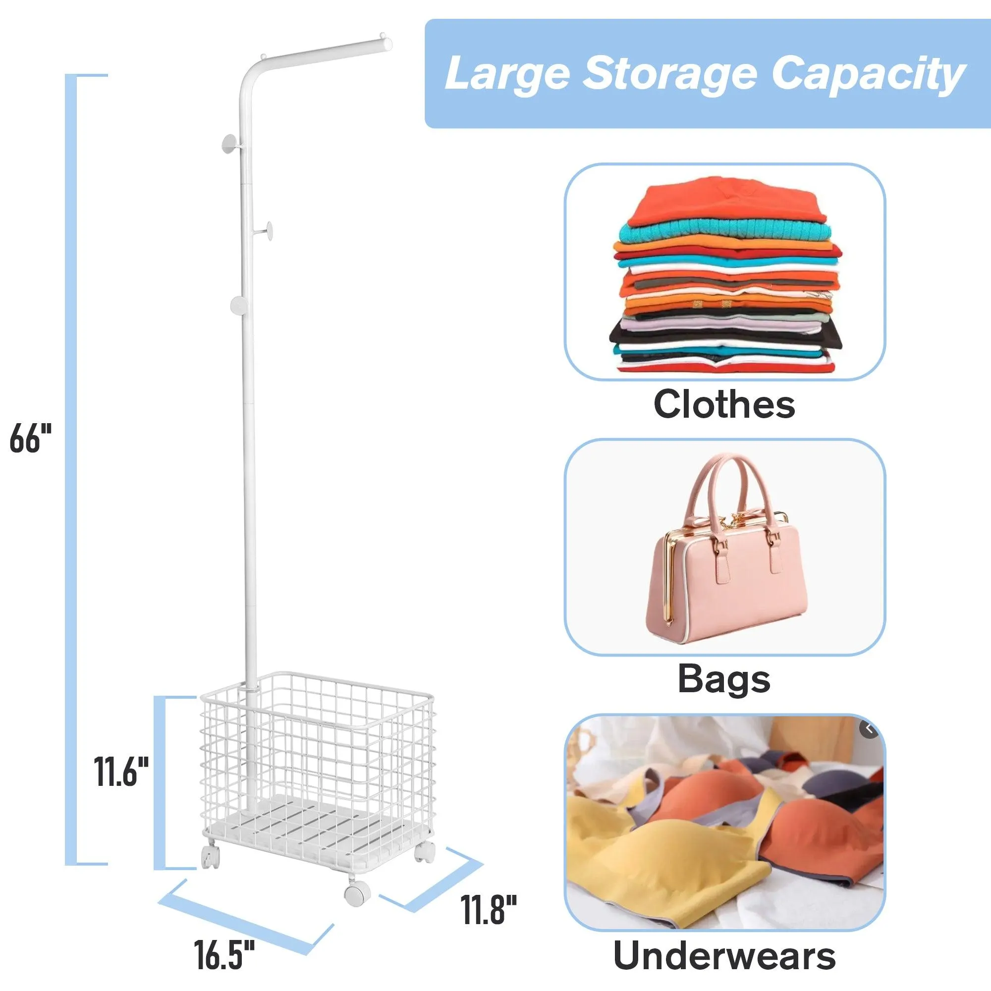Laundry Cart Wire Basket with Rolling Clothes Garment Rack, White