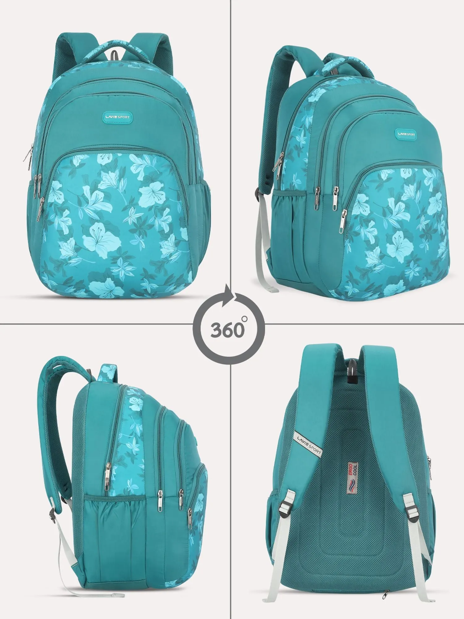 Lavie Sport Cherry Blossom 39L Printed School Backpack with Rain cover for Girls Teal