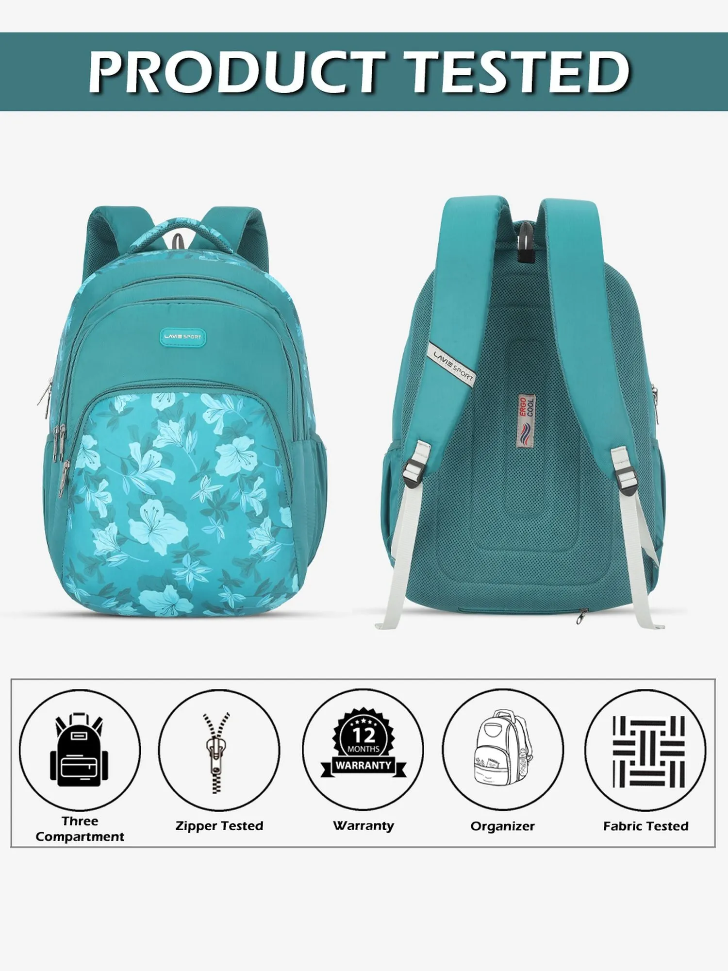 Lavie Sport Cherry Blossom 39L Printed School Backpack with Rain cover for Girls Teal