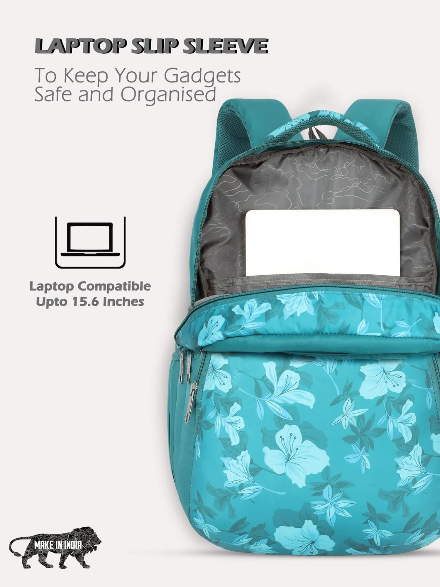 Lavie Sport Cherry Blossom 39L Printed School Backpack with Rain cover for Girls Teal