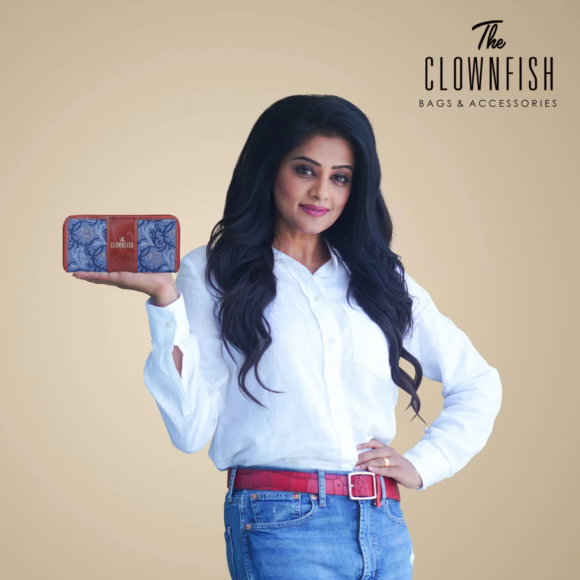 The Clownfish Aria Collection Tapestry Fabric & Faux Leather Zip Around Style Womens Wallet Clutch Ladies Purse with Card Holders (Blue- Floral)