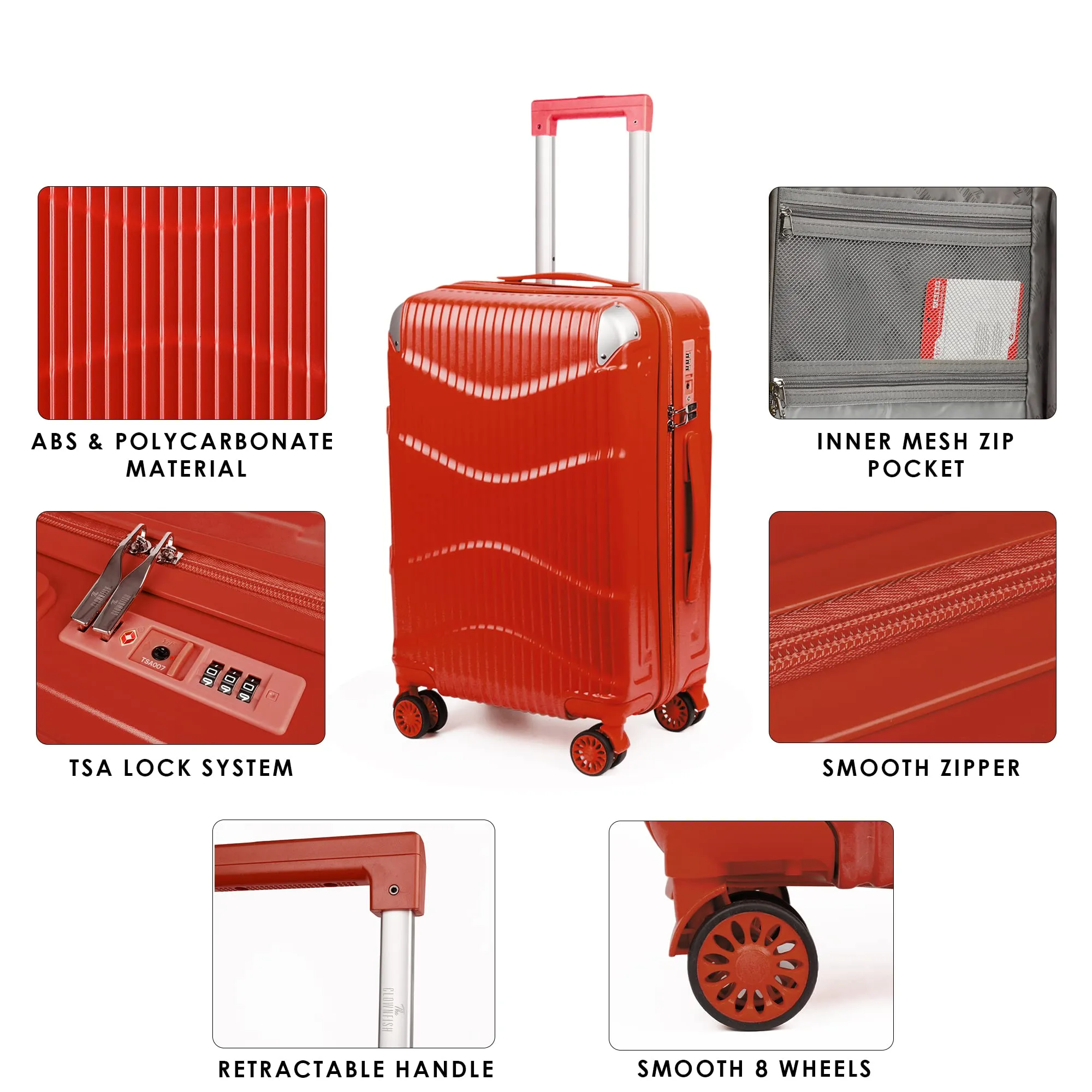 THE CLOWNFISH Combo of 2 Ballard Series Luggage ABS & Polycarbonate Exterior Suitcases Eight Wheel Trolley Bags with TSA Lock-Red (Medium 65 cm-26 inch, Small 55 cm-22 inch)