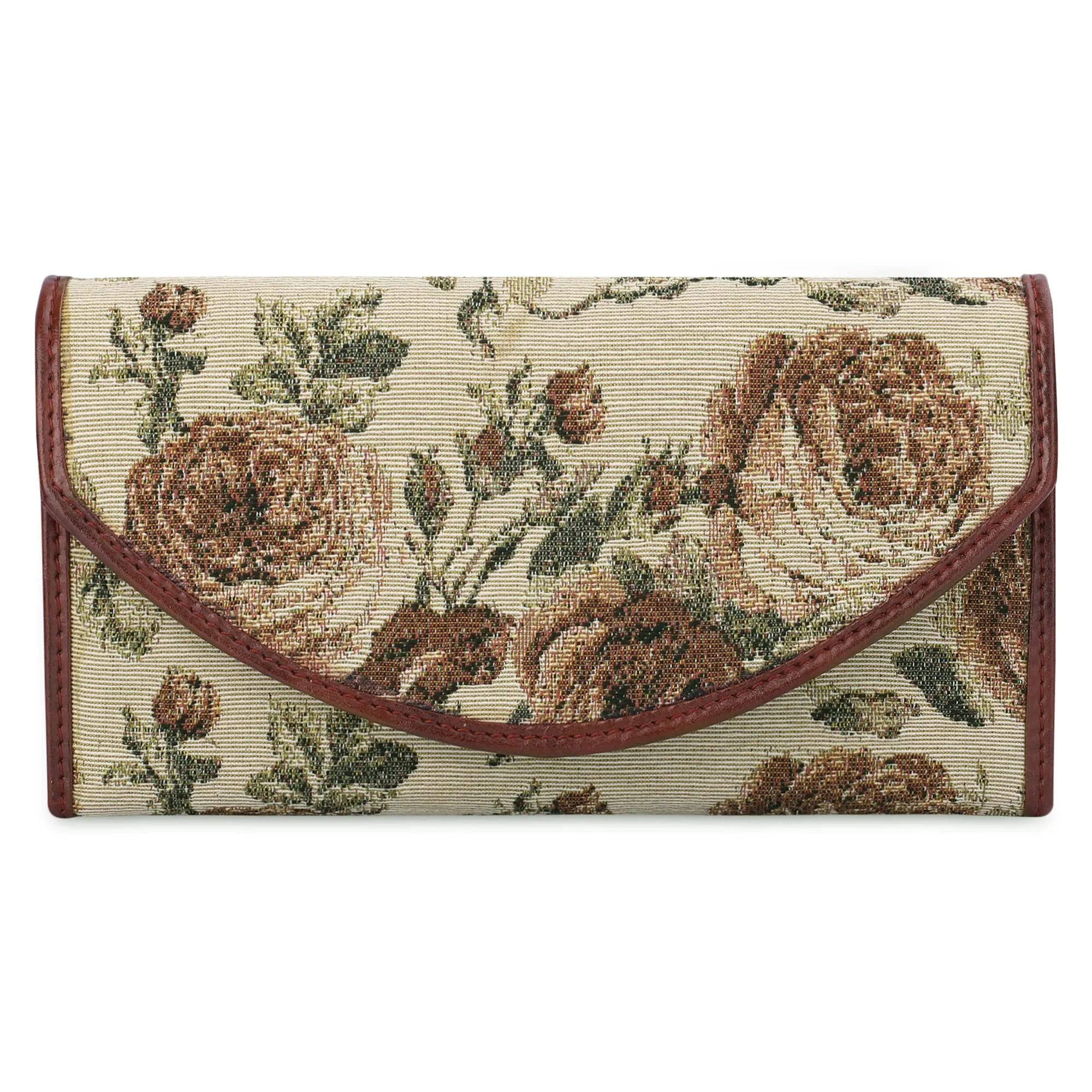 The Clownfish Mia Collection Tapestry Fabric & Faux Leather Snap Flap Closure Womens Wallet Clutch Ladies Purse with Multiple Card Holders (Brown-Floral)