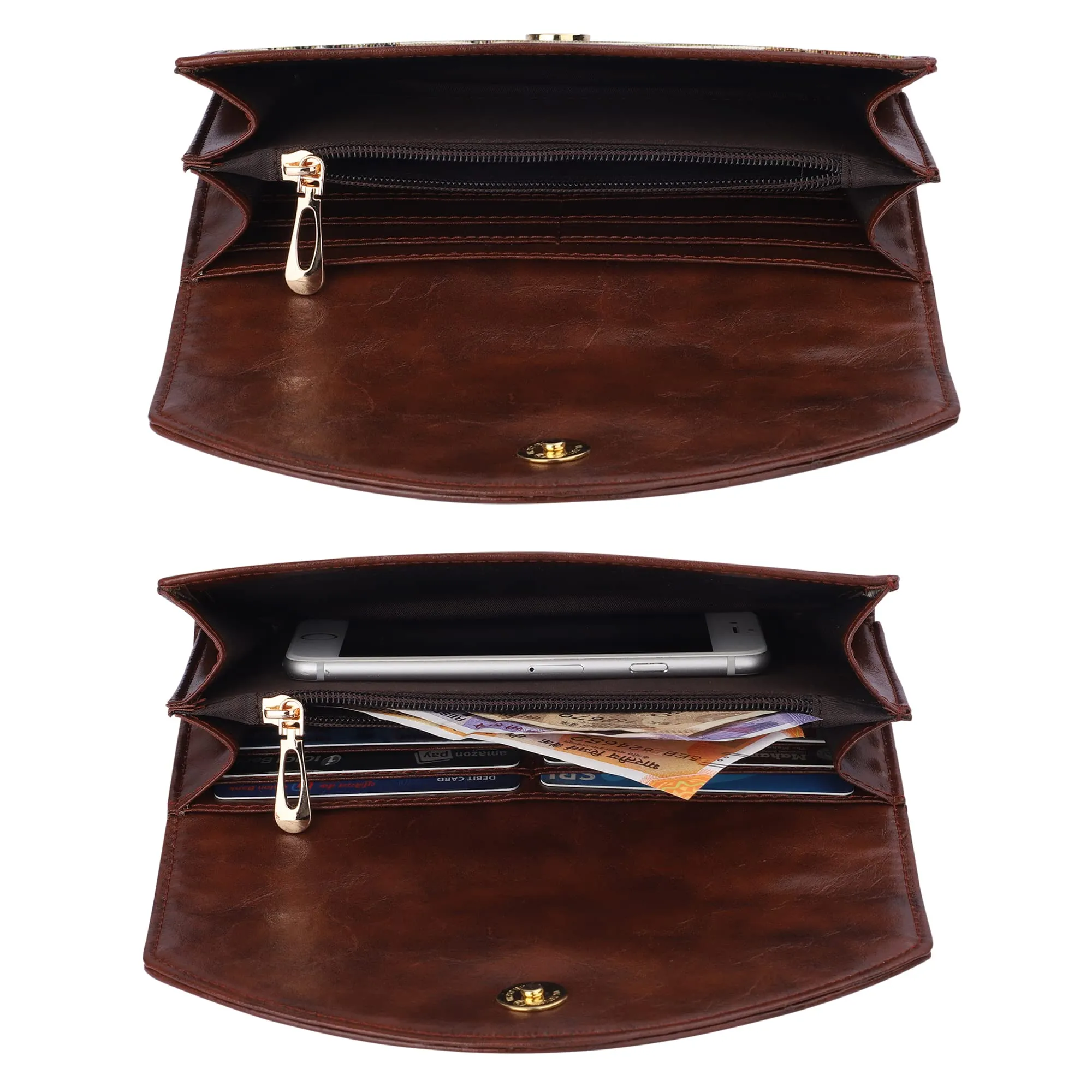 The Clownfish Mia Collection Tapestry Fabric & Faux Leather Snap Flap Closure Womens Wallet Clutch Ladies Purse with Multiple Card Holders (Brown-Floral)