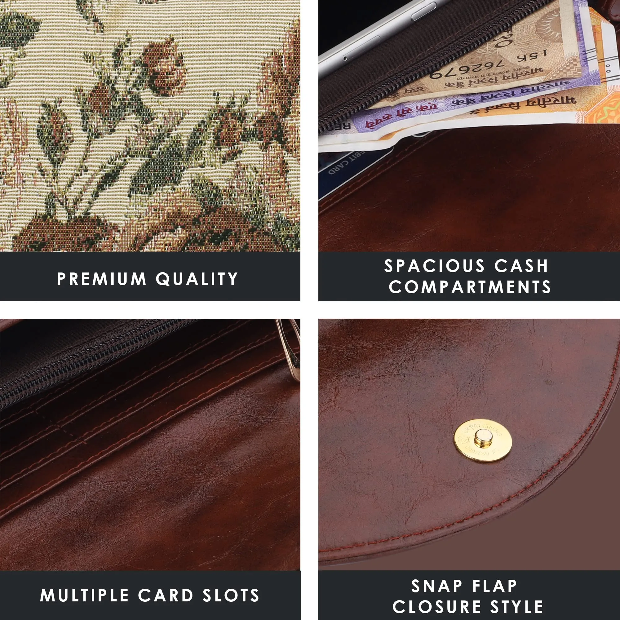 The Clownfish Mia Collection Tapestry Fabric & Faux Leather Snap Flap Closure Womens Wallet Clutch Ladies Purse with Multiple Card Holders (Brown-Floral)