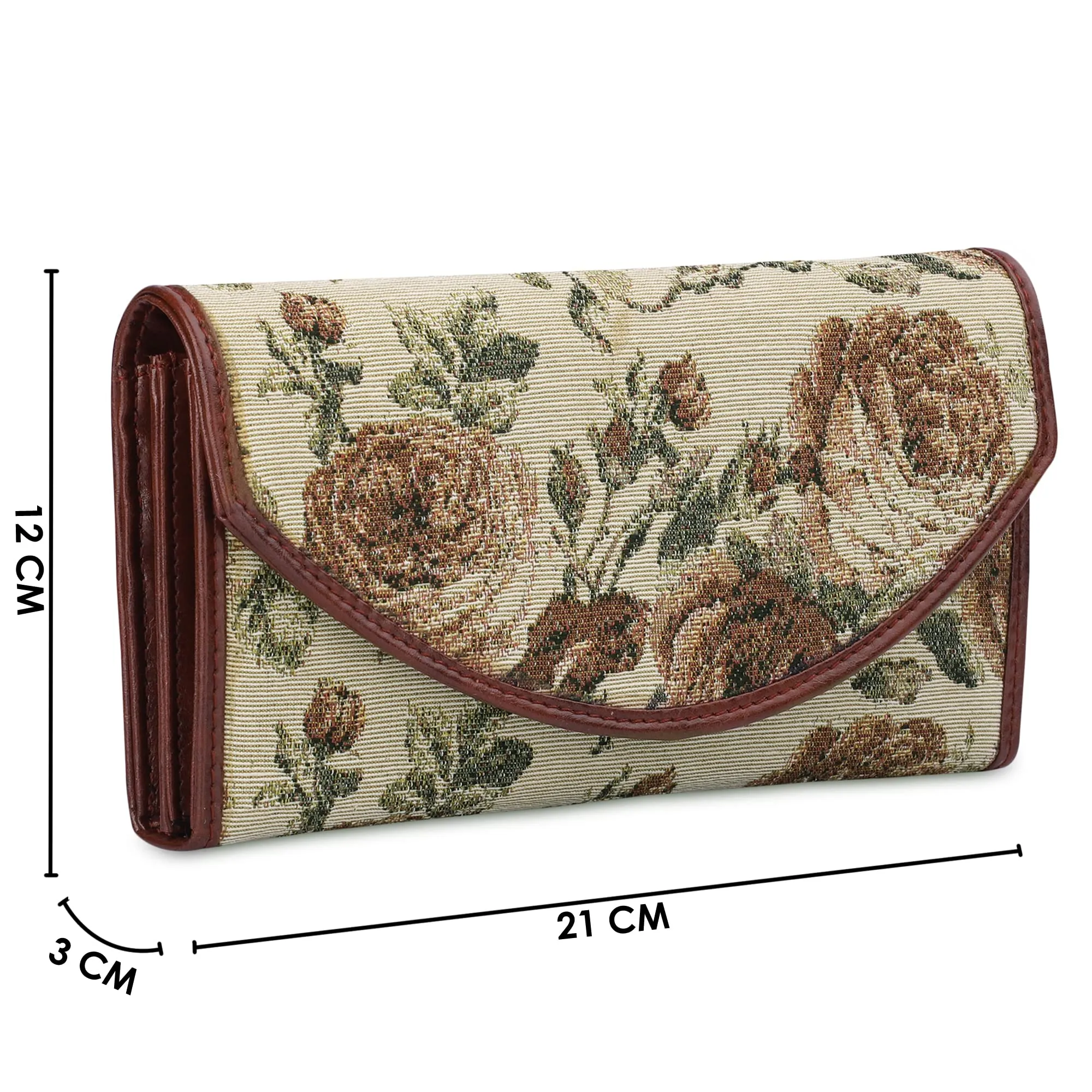 The Clownfish Mia Collection Tapestry Fabric & Faux Leather Snap Flap Closure Womens Wallet Clutch Ladies Purse with Multiple Card Holders (Brown-Floral)