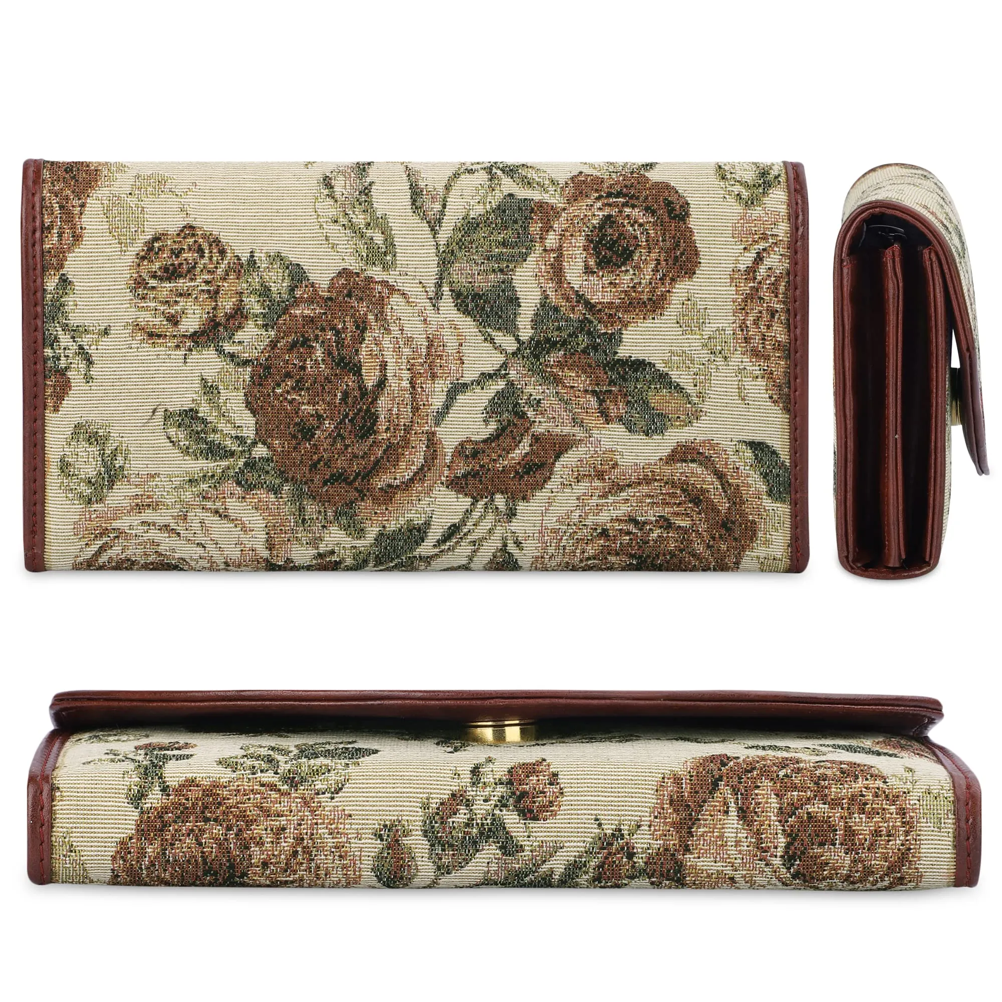 The Clownfish Mia Collection Tapestry Fabric & Faux Leather Snap Flap Closure Womens Wallet Clutch Ladies Purse with Multiple Card Holders (Brown-Floral)