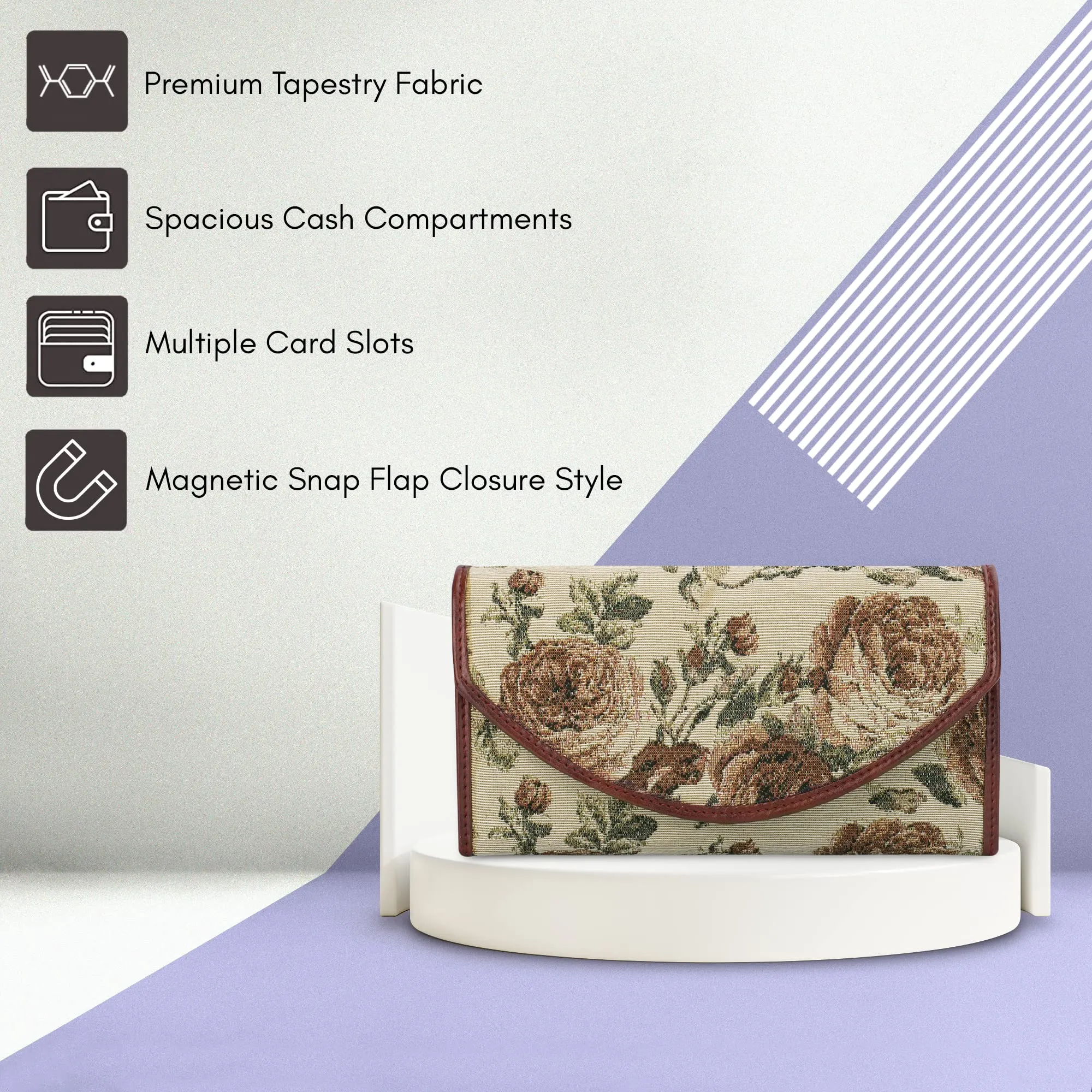 The Clownfish Mia Collection Tapestry Fabric & Faux Leather Snap Flap Closure Womens Wallet Clutch Ladies Purse with Multiple Card Holders (Brown-Floral)