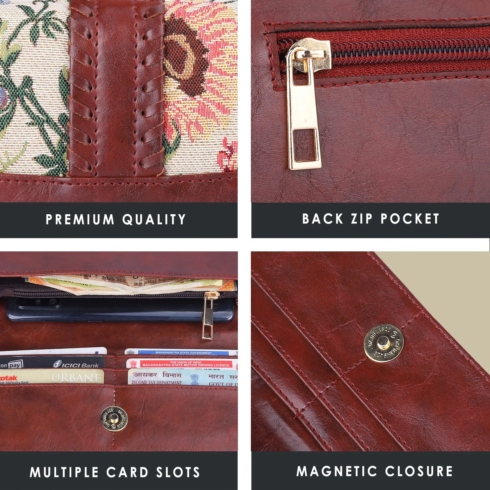 The Clownfish Serina Collection Tapestry Fabric & Faux Leather Snap Flap Style Womens Wallet Clutch Ladies Purse with Card Holders (Flax)