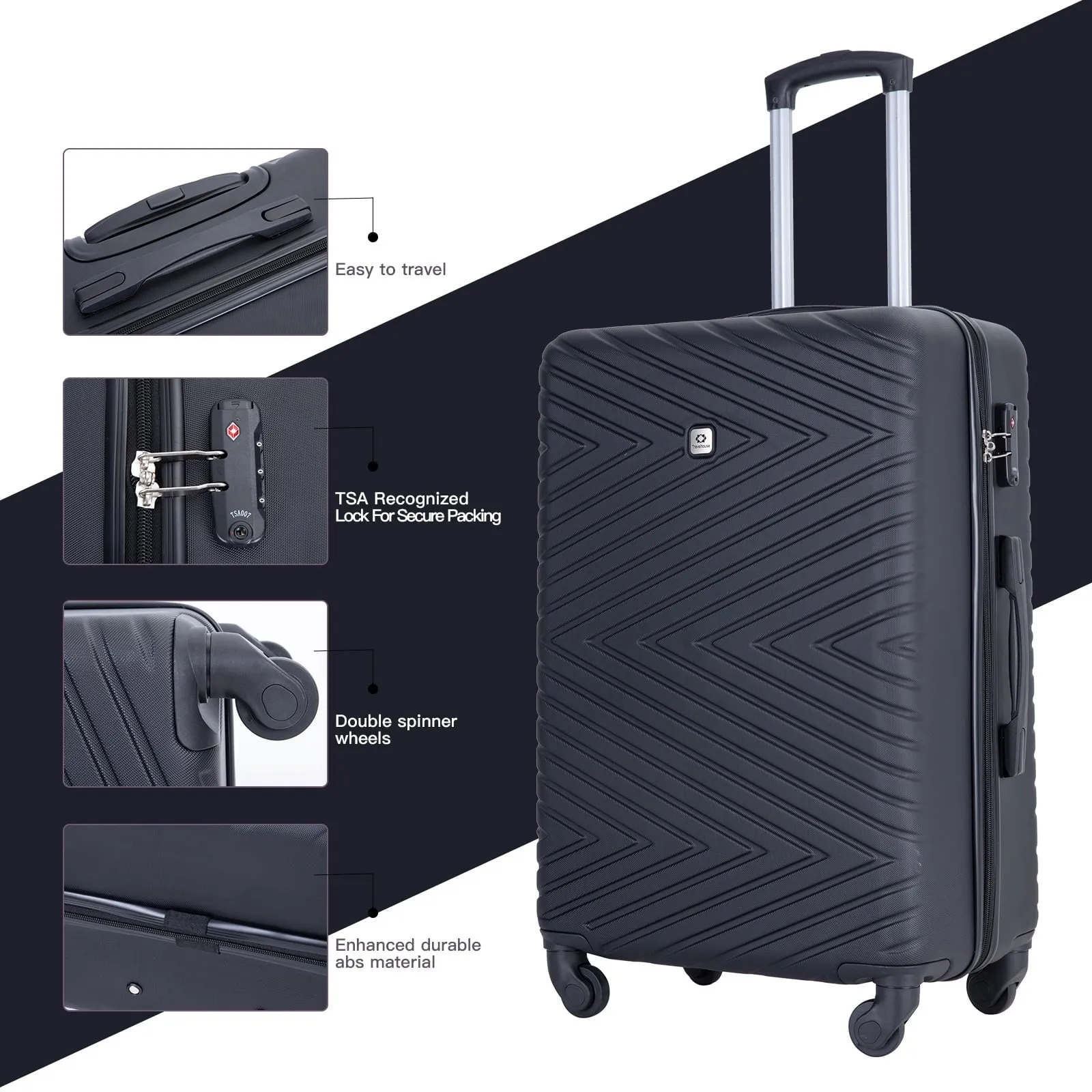 Travelhouse 4 Piece Hardshell Luggage Set Hardside Lightweight Suitcase with TSA Lock Spinner Wheels.(Black)