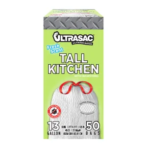 Ultrasac 13 Gallon 0.9 MIL Fresh Scent White Drawstring Tall Kitchen Trash Bags,  - 24" X 25"